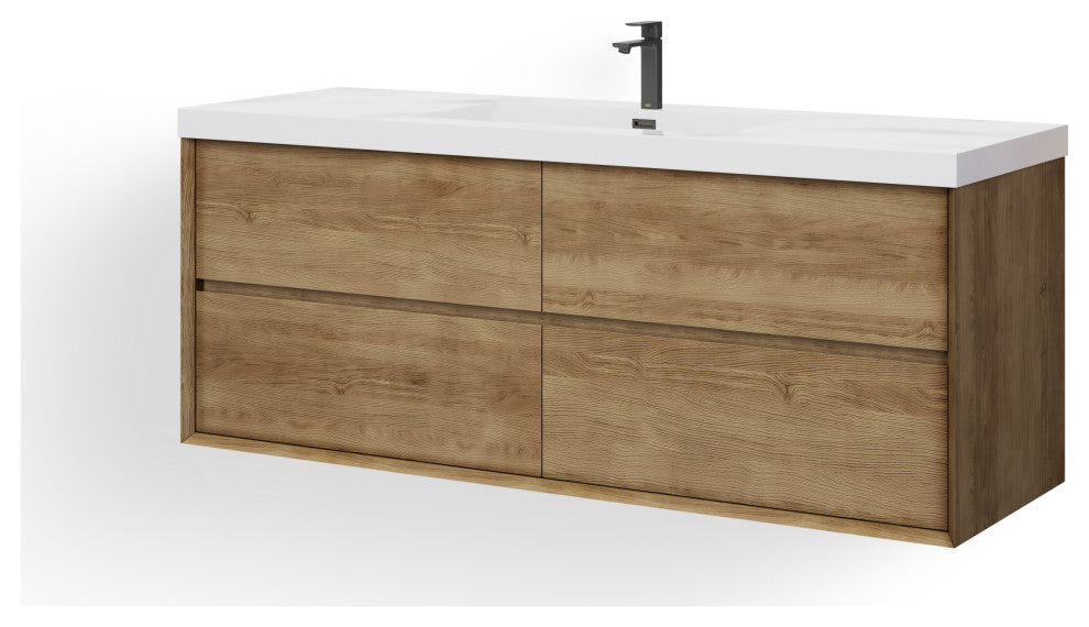 Skylar Bathroom Vanity, White Oak, 60", Single Sink, Wall Mount