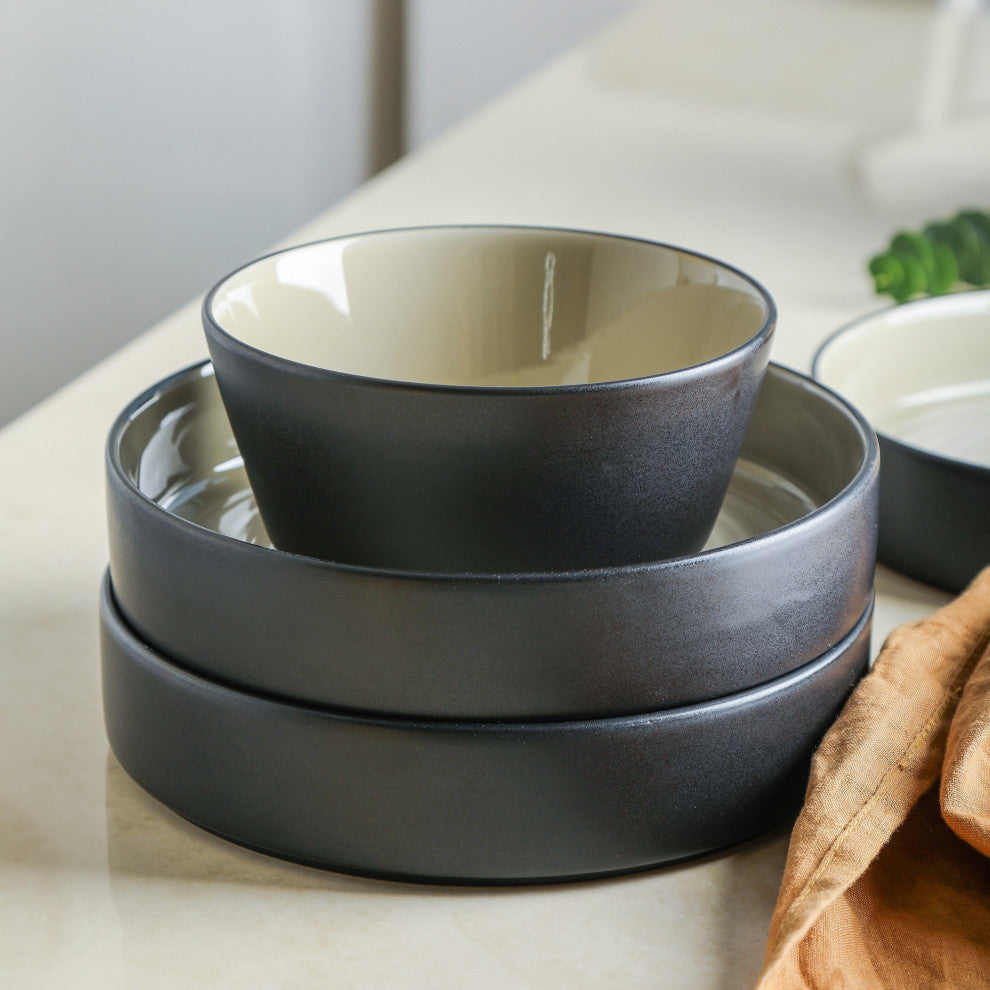 Stone Lain Elica Stoneware 24 Piece Dinnerware Set, Beige and Black