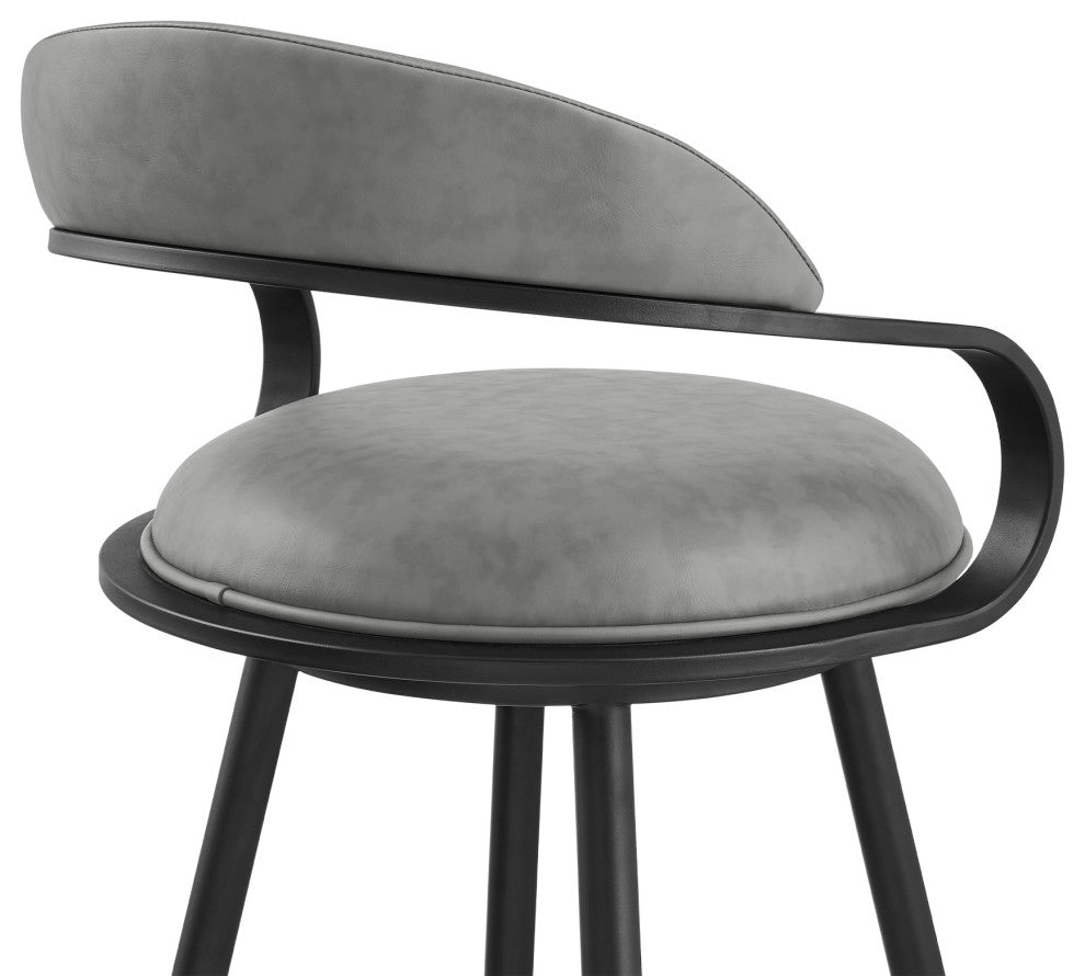 Gardenia Swivel Stool With Black Iron Frame and Faux Leather, Vintage Gray, Bar Height