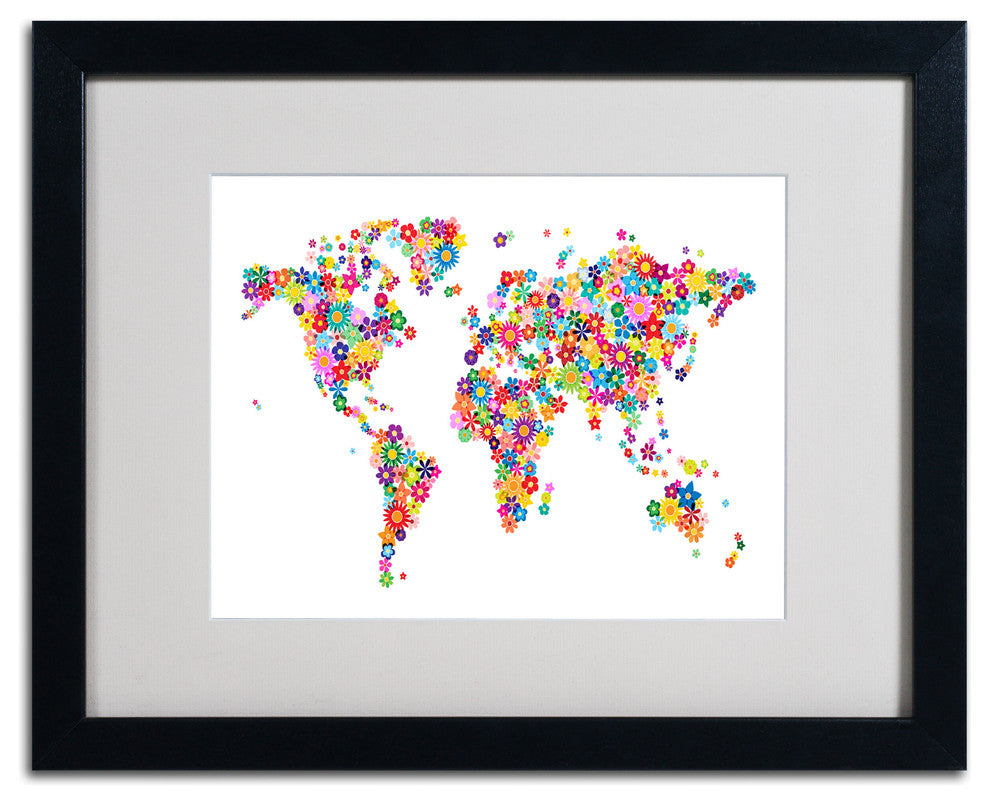 'Flowers World Map 2' Matted Framed Canvas Art by Michael Tompsett