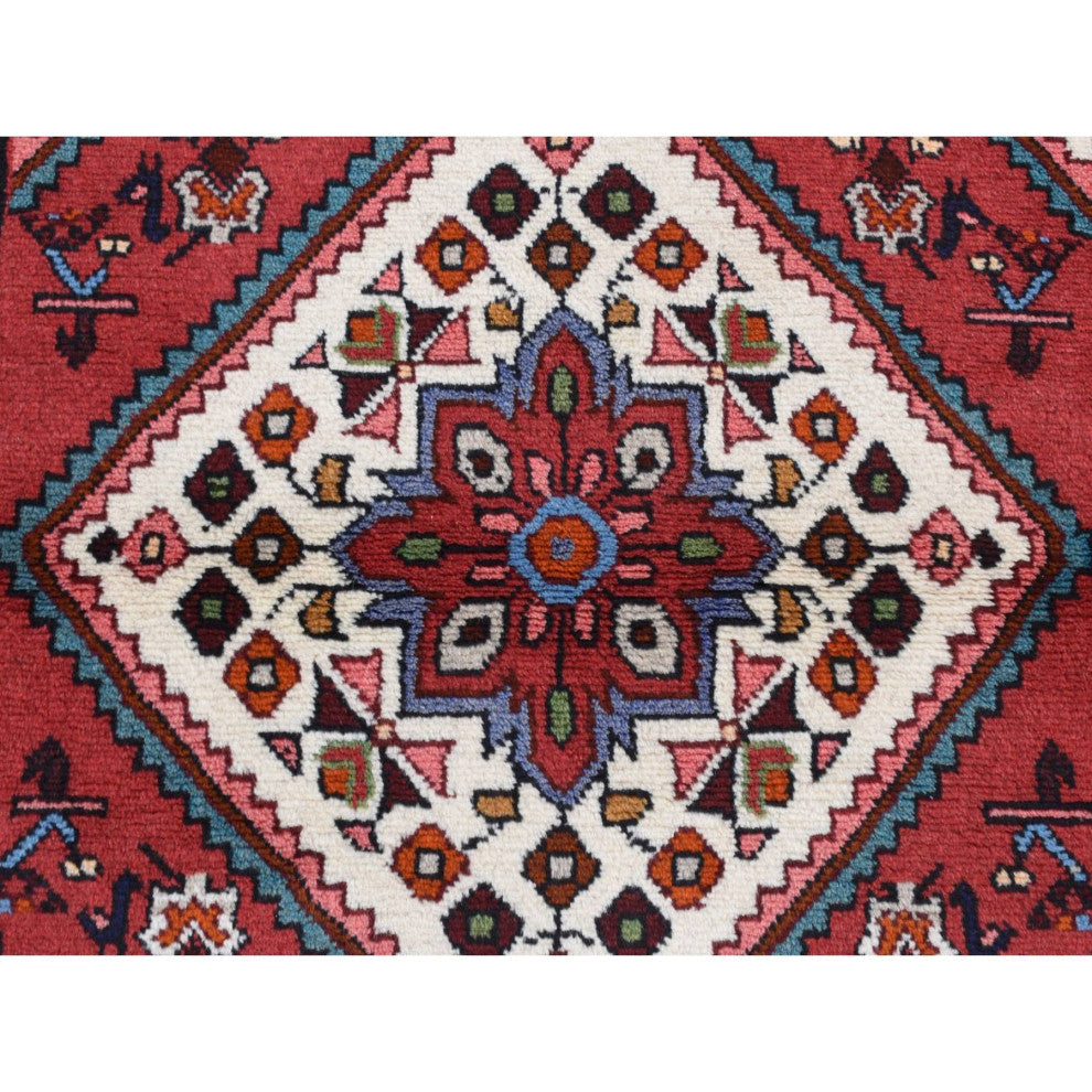 Salsa Red New Persian Hamadan Design Pure Wool Hand Knotted Rug 3'5" x 5'1"