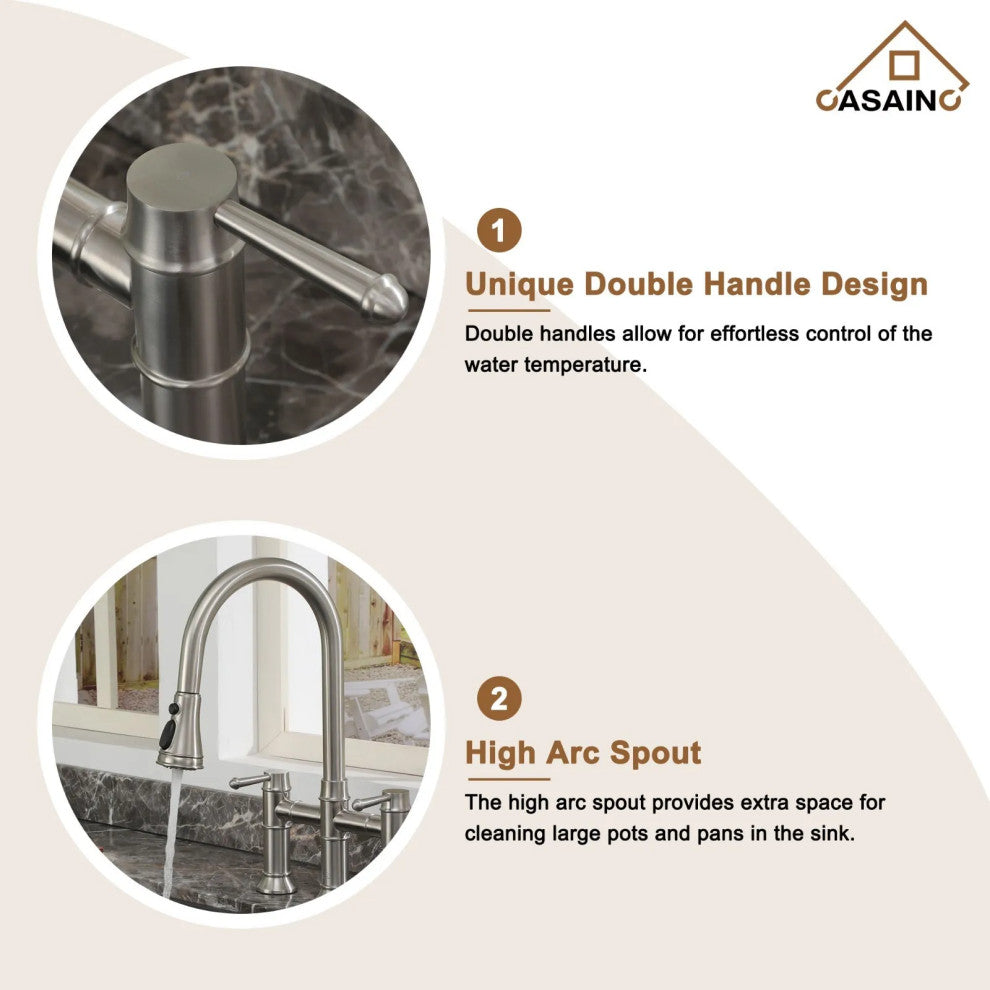 CASAINC Kitchen Faucet Centerset Bridge 3-Function 2-Handle Pull-Down Spray, Brushed Nickel