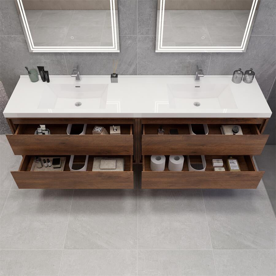 MOM 84 Wall Mounted Vanity With 4 Drawers and Acrylic Double Sink, Rose Wood