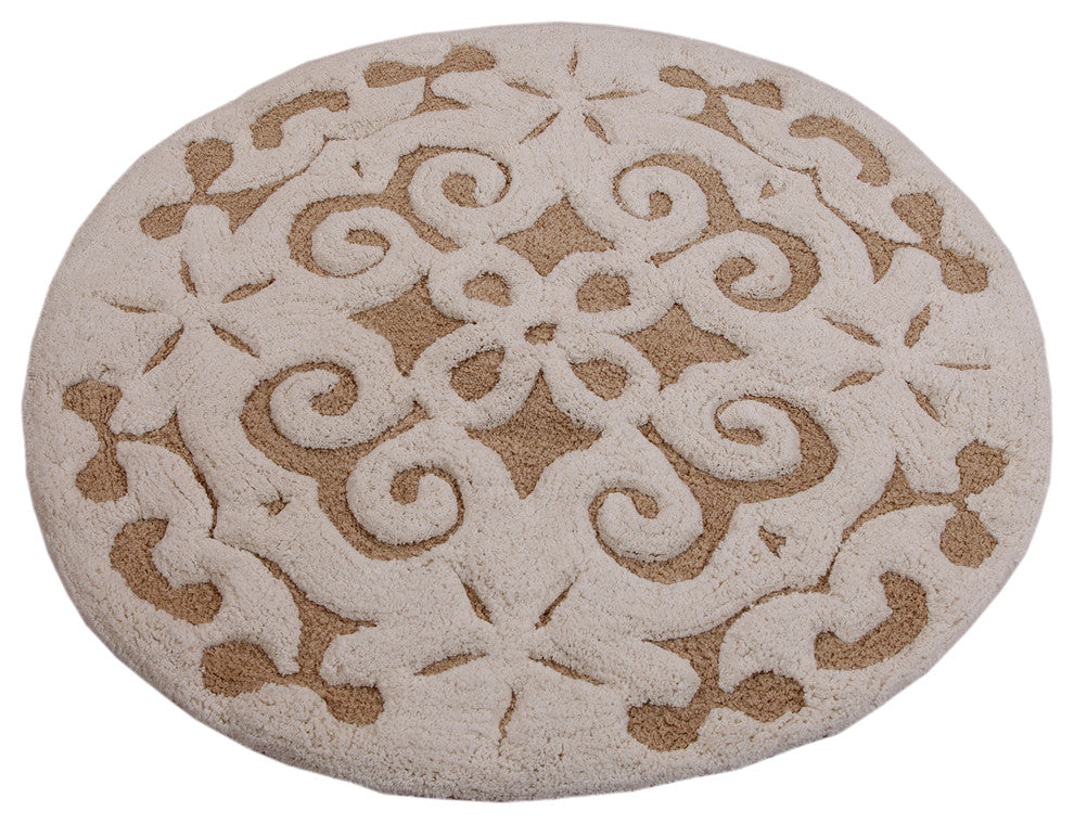 Saffron Fabs Bath Rug, Cotton, 36 Inch Round, 200 GSF, Damask Pattern, Beige