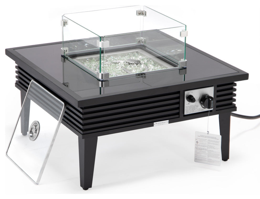LeisureMod Walbrooke Square Fire Pit Table and Tank Holder With Slats, Black