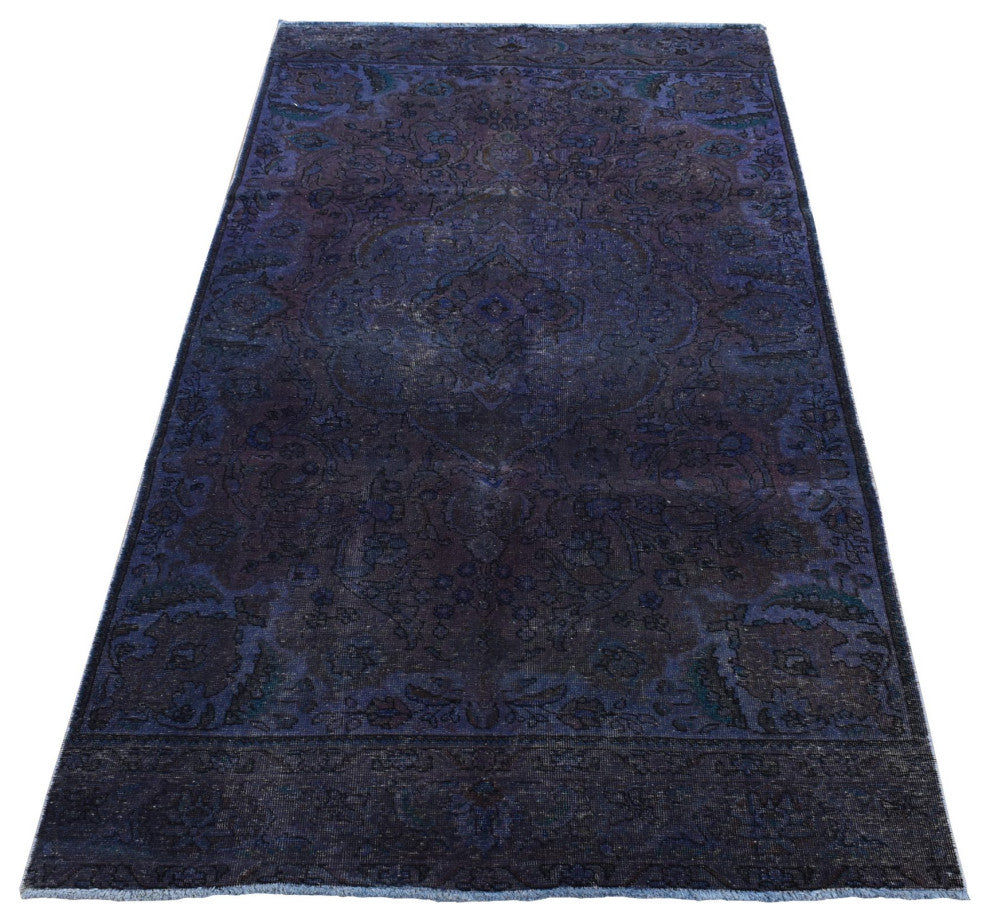 Purple Hand Knotted Overdyed Tabriz Pure Wool Oriental Rug, 4'10"x9'9"