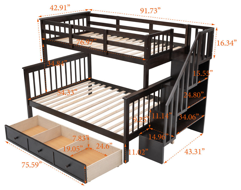 Gewnee Twin-Over-Full Bunk Bed with Drawers and Stairway in Espresso