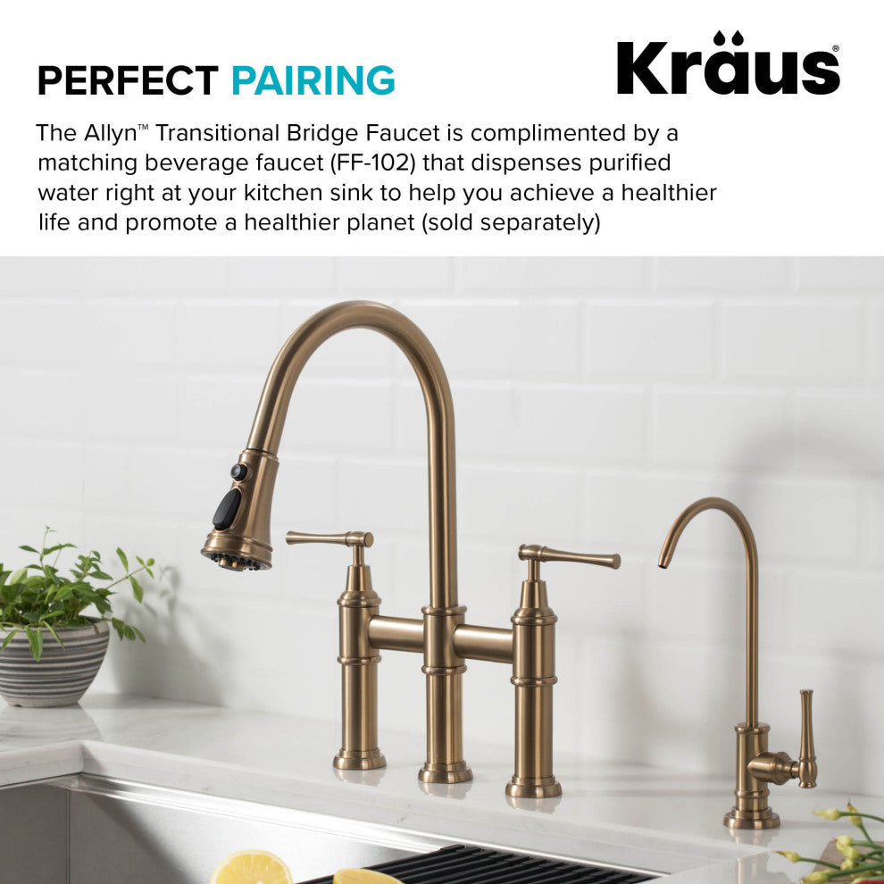 Allyn Traditional 3-Function Bridge Pull-Down Kitchen Faucet Brushed Gold