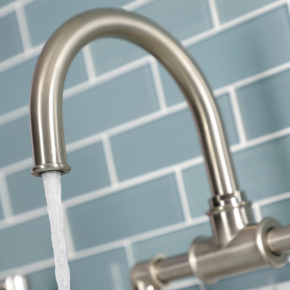 Belknap Style Wheel Handle Bridge Bathroom Faucet With Drain, Brushed Nickel