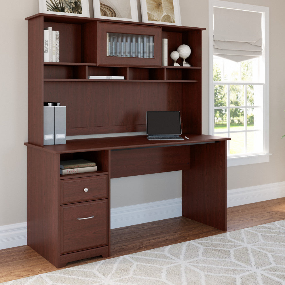 Cabot Computer Desk With Hutch and Drawers, Harvest Cherry