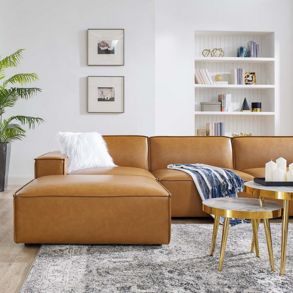 Sectional Sofa Set, Faux Vegan Leather, Tan, Modern, Living Lounge Hospitality