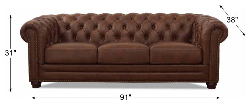 Hydeline Aliso 100% Leather Chesterfield Sofa Set, Pecan Brown, Sofa
