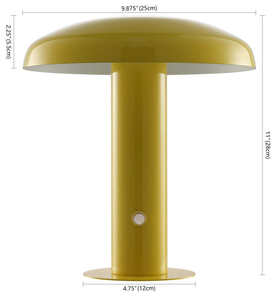 Suillius 11" Rechargeable/Cordless Iron Integrated Mushroom Table Lamp, Yellow