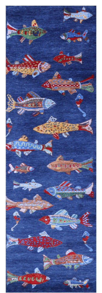 2' 7" X 8' 0" Runner Gabbeh Fish Design Handmade Wool Rug - Q15517