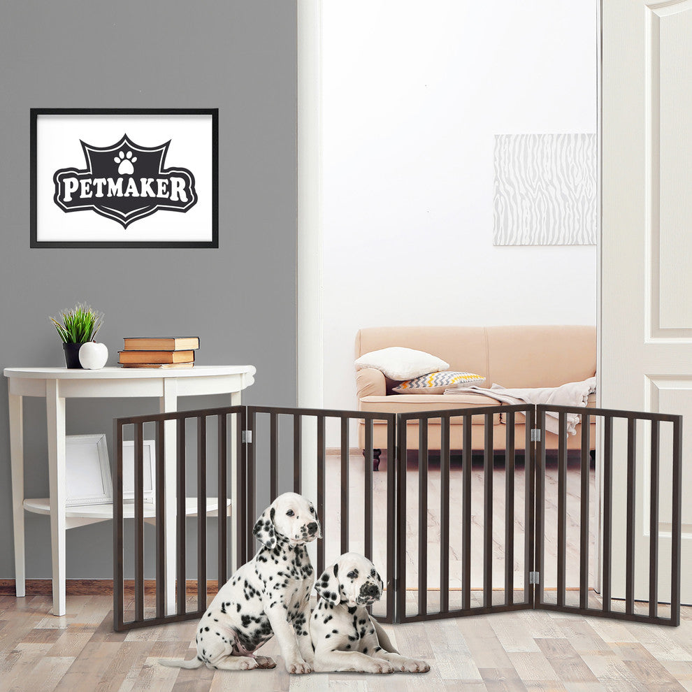 Wooden Pet Gate Foldable 4 Panel Freestanding 72 x24" by PETMAKER, Brown Stain