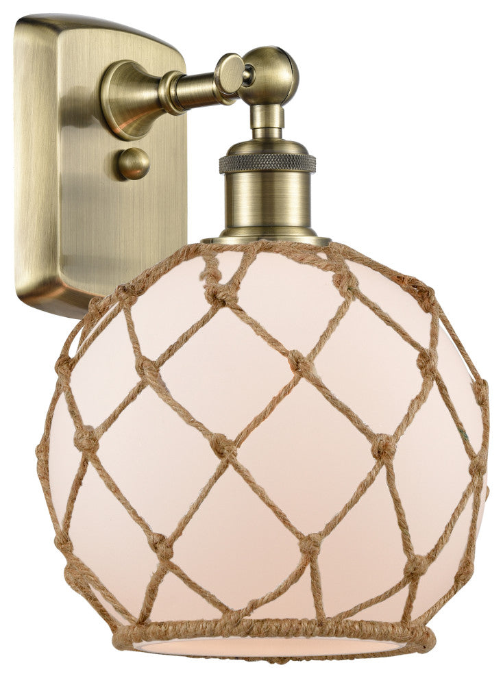 Farmhouse Rope 1 Light Sconce, Antique Brass, White Glass with Brown Rope