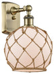 Farmhouse Rope 1 Light Sconce, Antique Brass, White Glass with Brown Rope