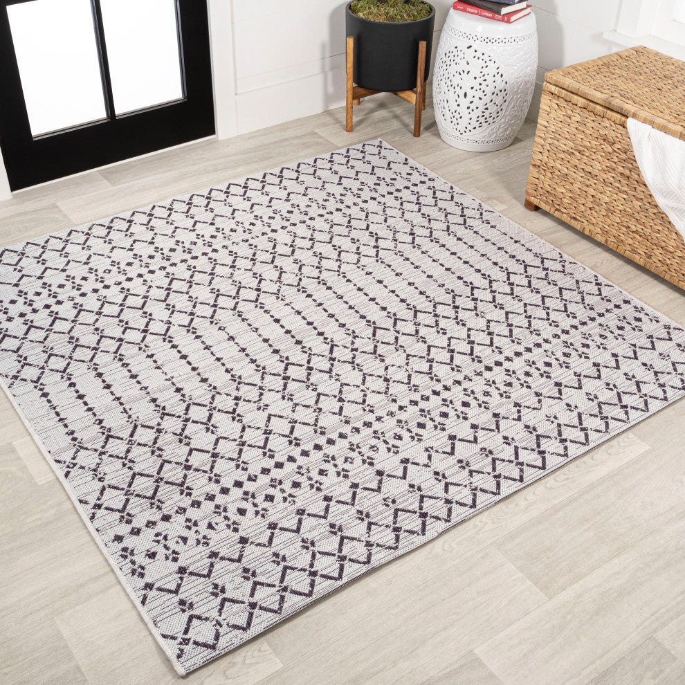 Ourika Moroccan Geometric Indoor/Outdoor Rug, Cream/Black, 5' Square