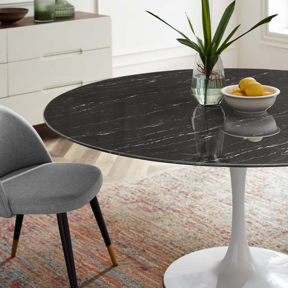 60" Dining Table, Round, Black White, Artificial Marble, Metal, Modern
