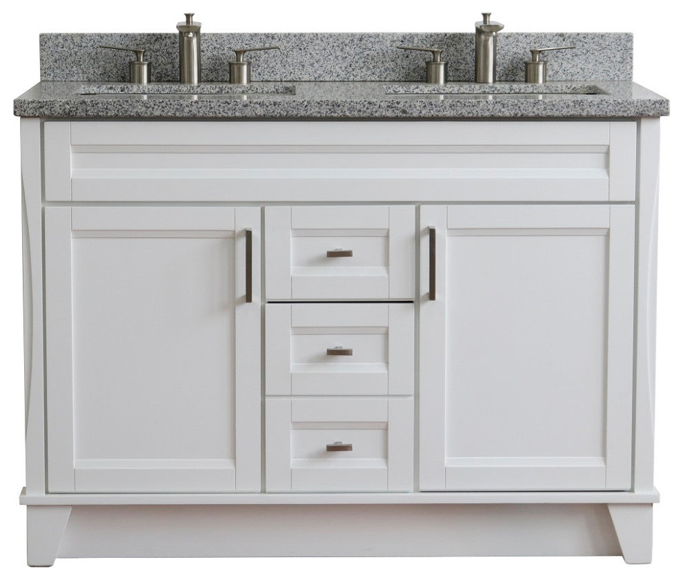 48" Double Sink Vanity, White Finish With Gray Granite And Rectangle Sink