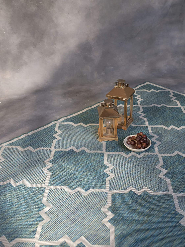 Outdoor Collection Trellis Diamond Rug Geometric Rug, Ocean, 7'10"x10'