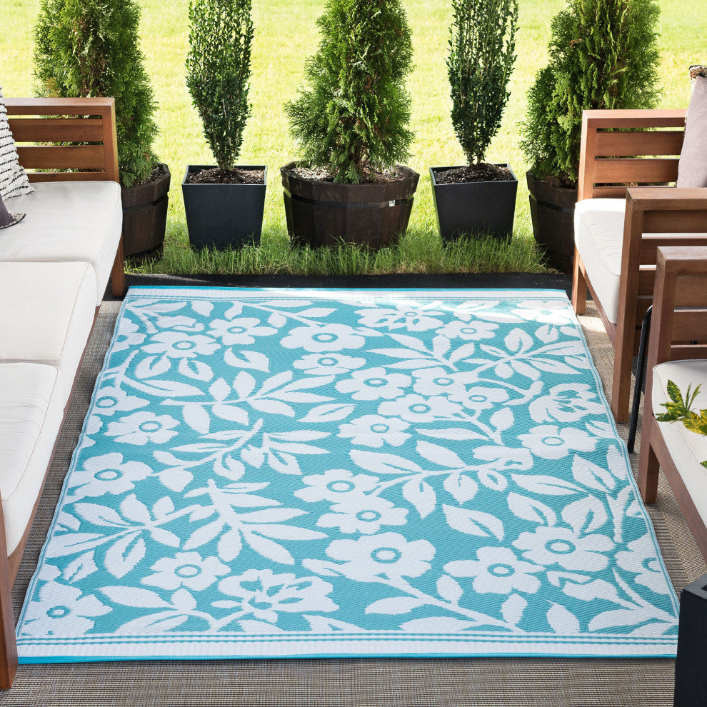 Kaliyah Transitional Floral Aqua/White Rectangle Indoor/Outdoor Area Rug, 4''x6''