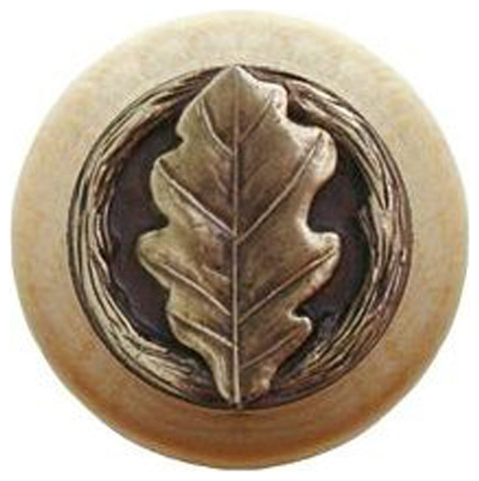 Oak Leaf Natural Wood Knob, Clear Finish With Antique-Style Brass