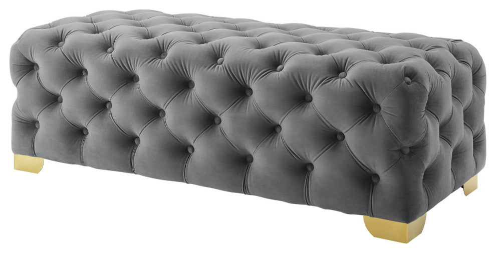 Modern Lounge Accent Chair Bench, Velvet Fabric Metal Steel, Grey Gray
