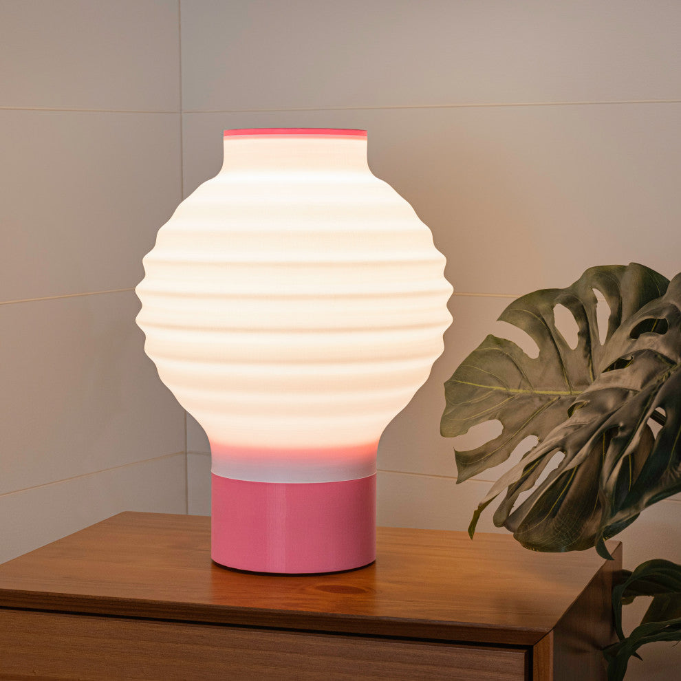 Asian Lantern 15" Plant-Based PLA Dimmable LED Table Lamp, White/Hot Pink