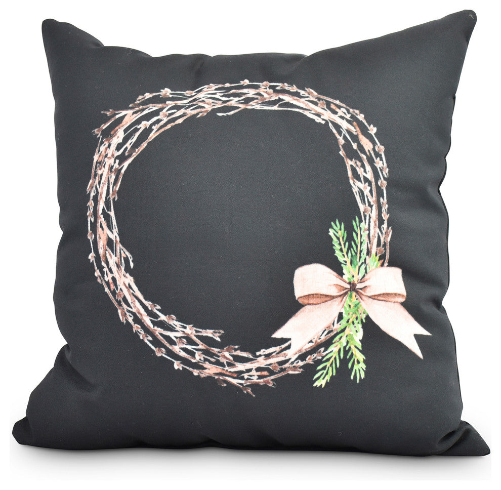 Sprig of Green Black Holiday Print Decorative Outdoor Throw Pillow, 18"