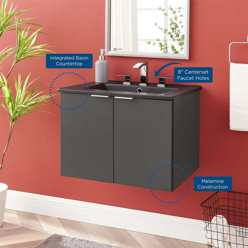 Sink Vanity Cabinet, Wall Mounted, Melamine, Gray Black, Modern, Bathroom
