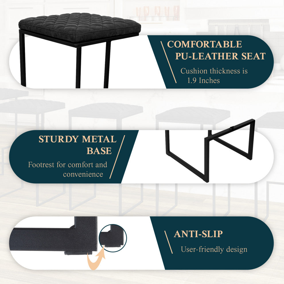 Quincy Leather Barstool Square Seats and Metal Frame Set of 2, Charcoal Black