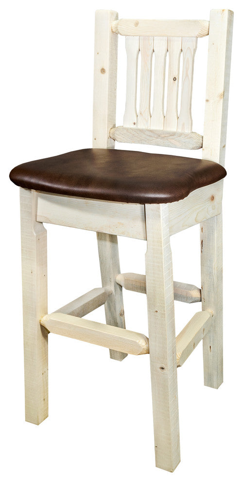 Barstool With Back, Clear Lacquer Finish With Upholstered Seat, Saddle Pattern