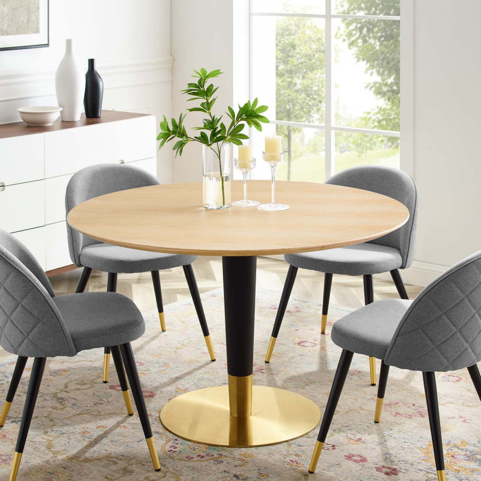 Dining Table, Round, Wood, Metal, Gold Brown Natural, Modern, Bistro Restaurant