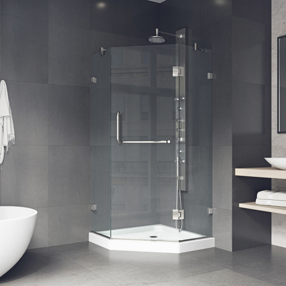VIGO Piedmont Frameless Hinged Neo-Angle Shower Enclosure, Brushed Nickel, 36" D X 36" W, Low Base