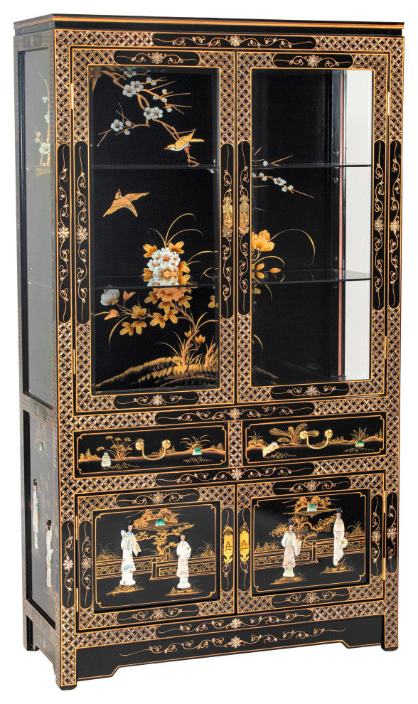 Black Lacquer China Cabinet Royal Ladies