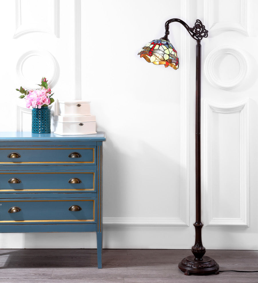 Dragonfly Tiffany-Style 60" Arched Floor Lamp, Bronze
