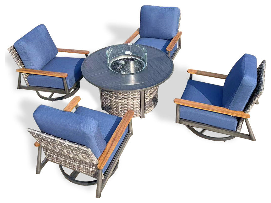 Manbo 5-Piece Aluminum Wicker Outdoor Fire Pit Deep Seating Set with Cushions, Spectrum Indigo Acrylic