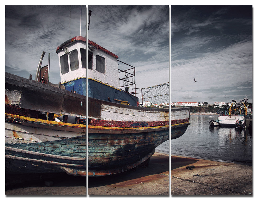 Old Fishing Boat, Boat Triptych Canvas Art Print, 36x28, 3 Panels