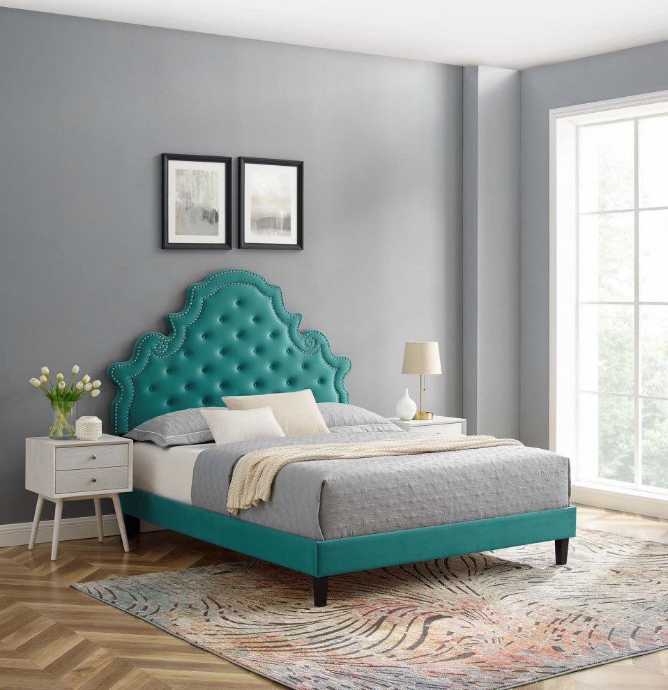 Tufted Platform Bed Frame, Full Size, Velvet, Teal Blue, Modern Contemporary