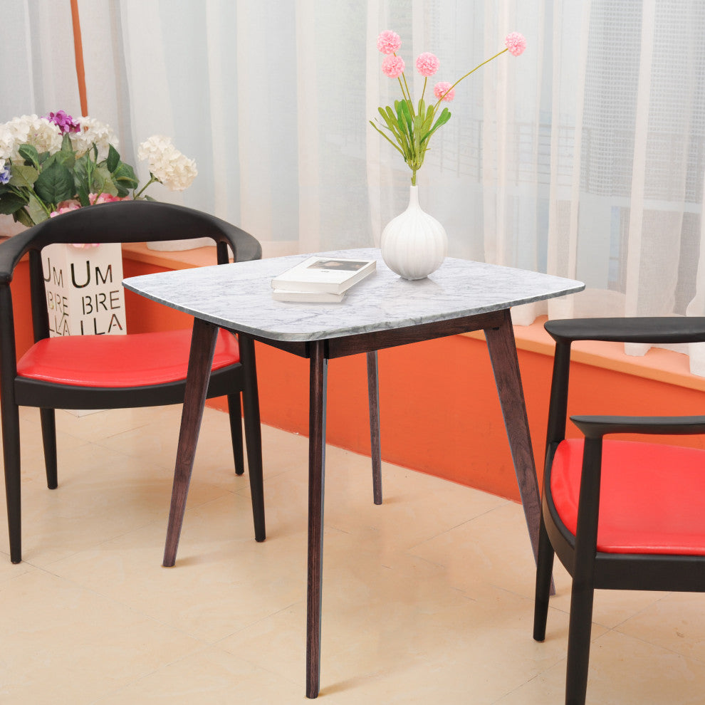 Senna 31" Square White Italian Carrara Marble Dining Table With Walnut Legs