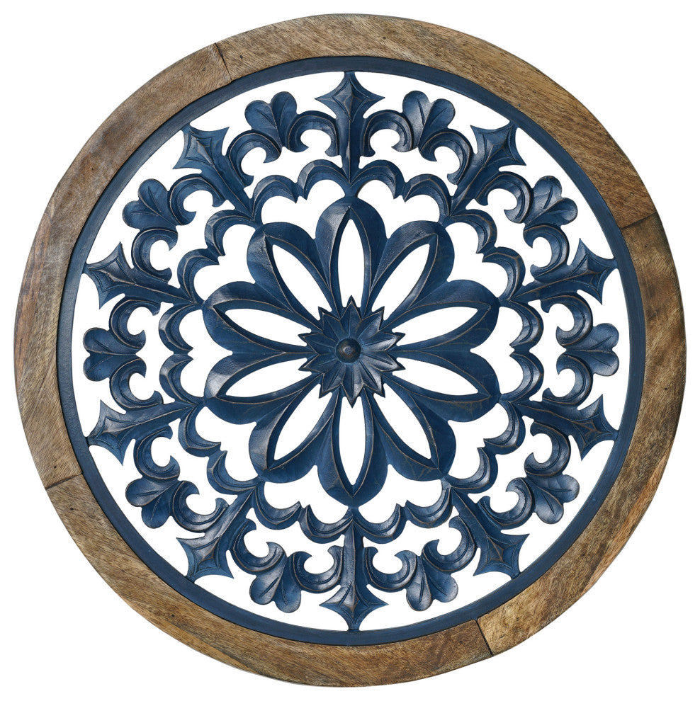 Distressed Wood Framed Round Navy Blue Floral Wall Art Medallion - 24"