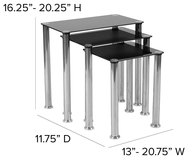 Black Glass Nesting Tables With Stainless Steel Legs