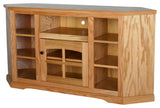63" Oak Ridge Thin Corner Entertainment Console With Bookcase, Persimmon Oak
