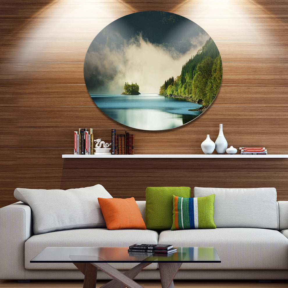 Beautiful Lake By Green Mountains, Landscape Round Wall Art, 11"