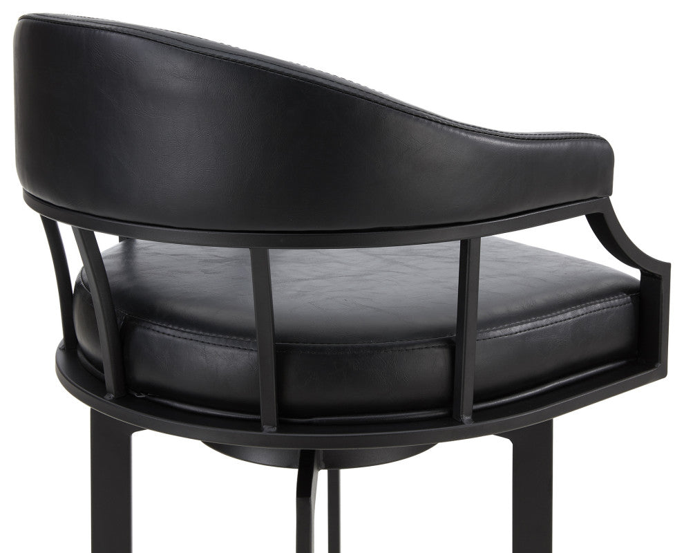 Pharaoh Swivel Black Powder Coated and Black Faux Leather Metal Bar Stool, 26"