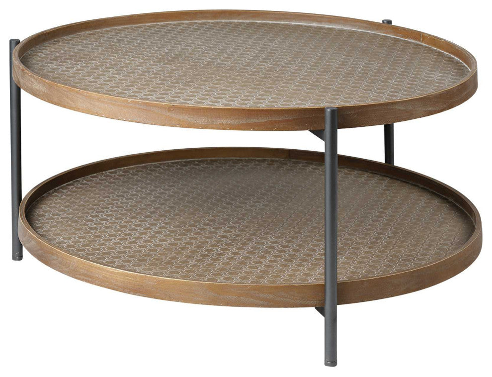 33" Round Black Wood And Metal Frame Two Tier Coffee Table