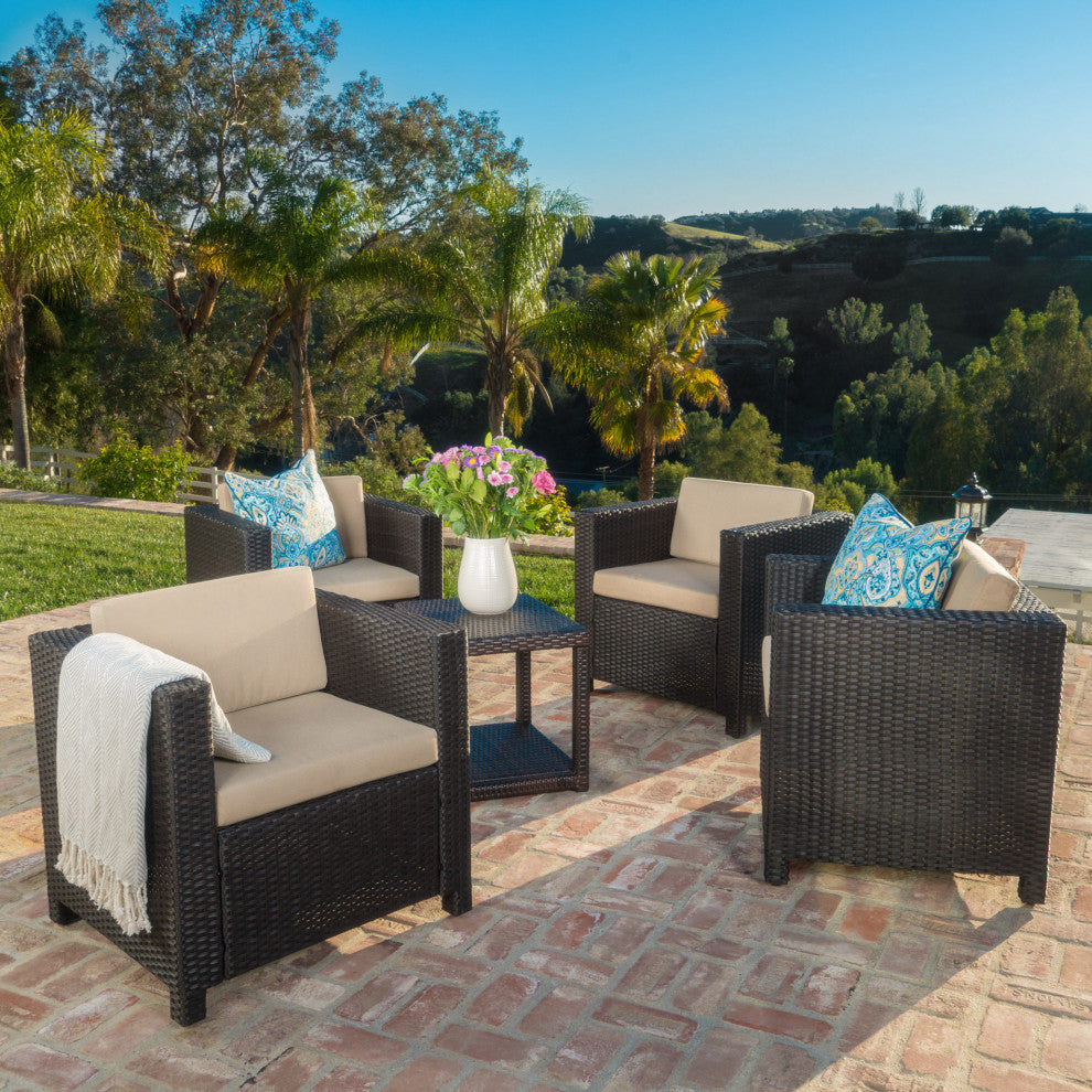GDF Studio Palma Outdoor Brown Wicker Club Chairs, Cushions, Set of 4