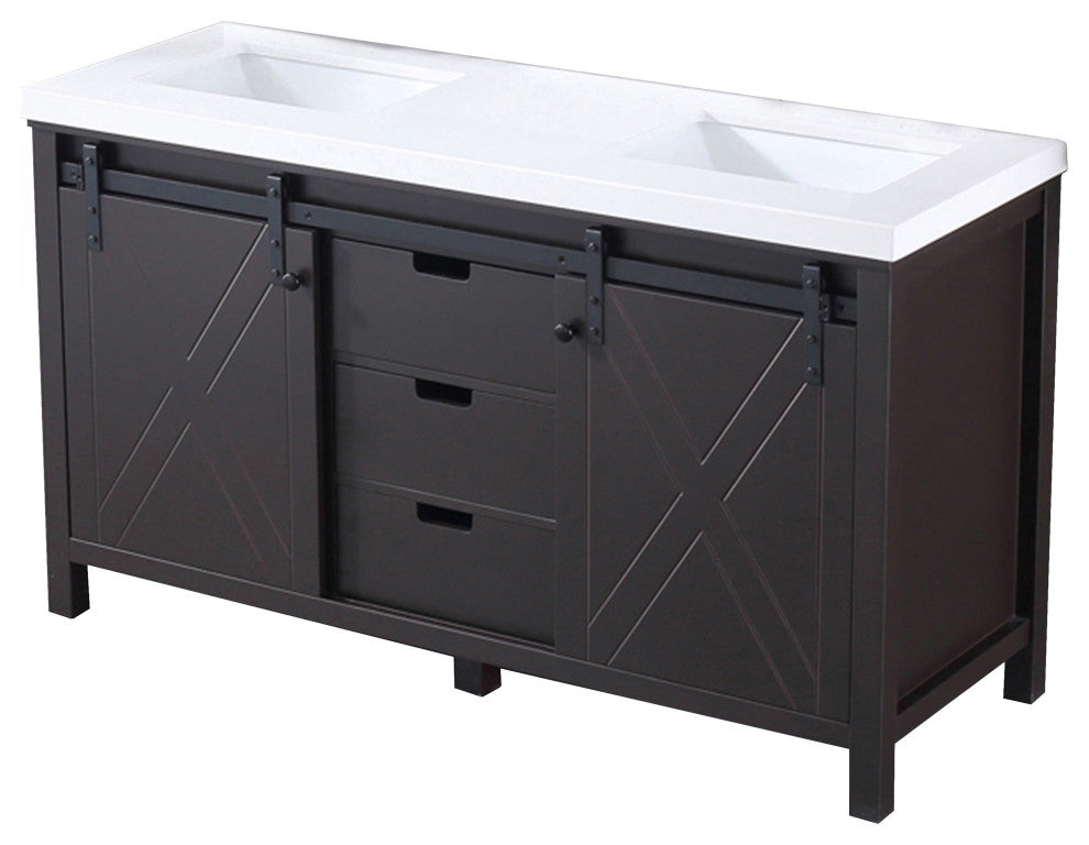 Marsyas 60" Brown Double Vintage Bathroom Vanity Cabinet Quartz Top Square Sinks