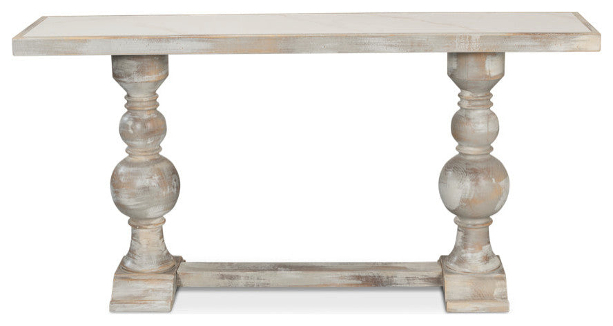 Double Pedestal Console Table Distressed White Solid Wood